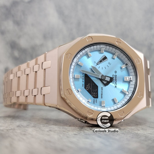 Casioak Mod Watch Polished Rose Gold Case Metal Strap Silver Time Mark Ice Blue Dial 44mm - Casioak Studio