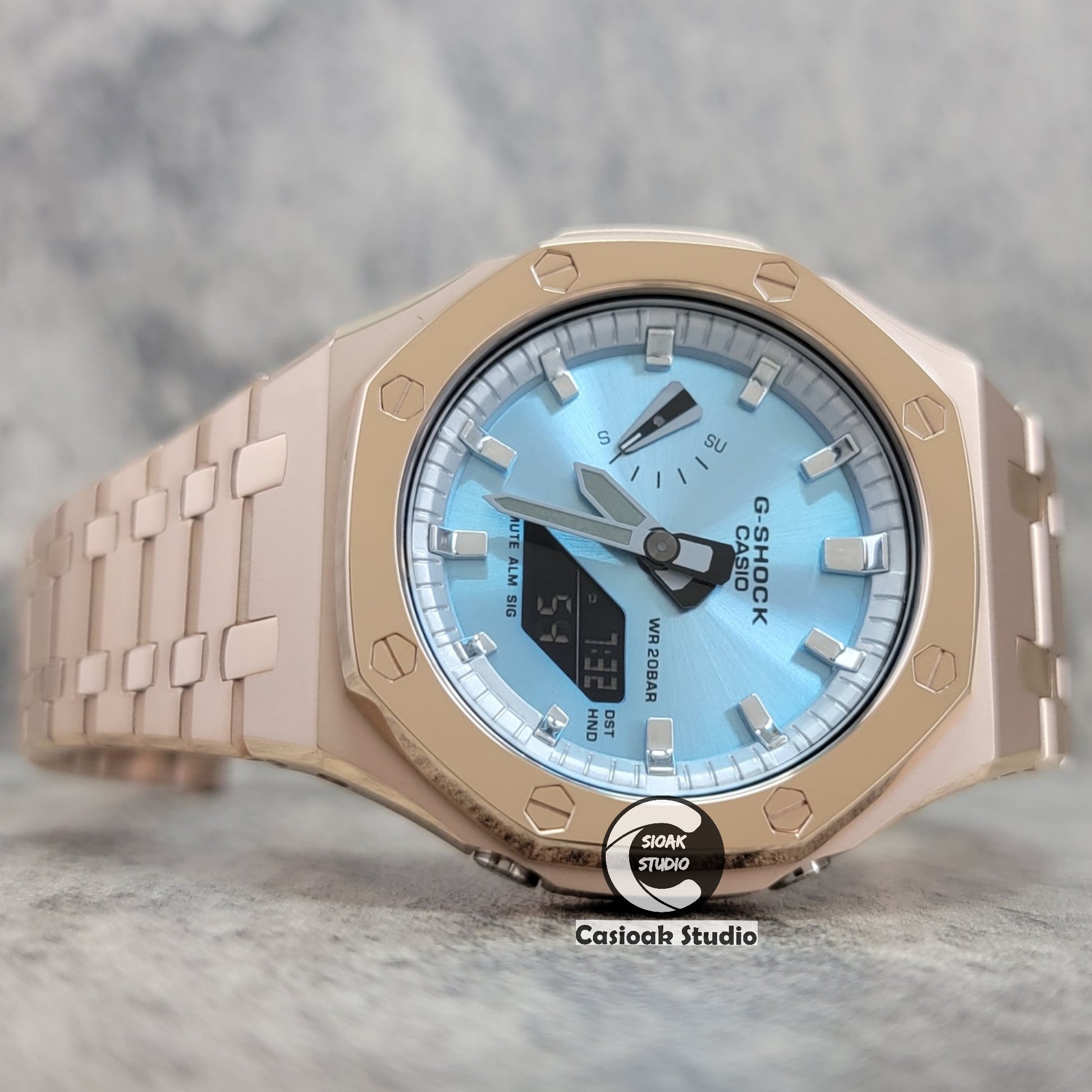 Casioak Mod Watch Polished Rose Gold Case Metal Strap Silver Time Mark Ice Blue Dial 44mm - Casioak Studio