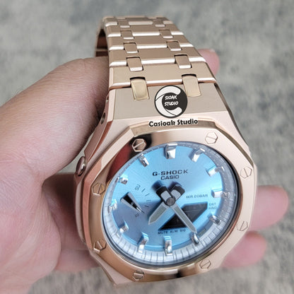 Casioak Mod Watch Polished Rose Gold Case Metal Strap Silver Time Mark Ice Blue Dial 44mm - Casioak Studio