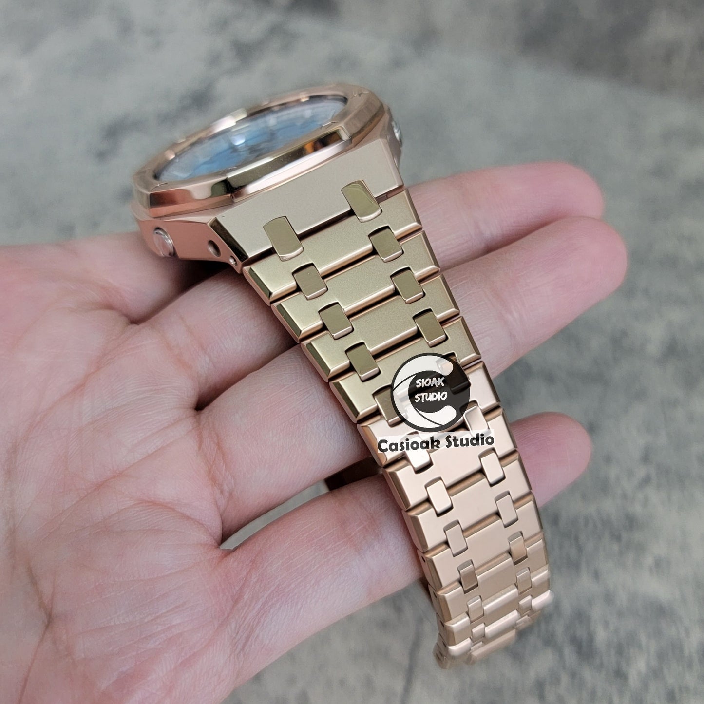 Casioak Mod Watch Polished Rose Gold Case Metal Strap Silver Time Mark Ice Blue Dial 44mm - Casioak Studio