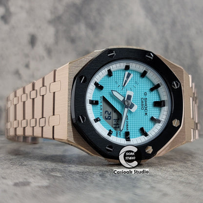 Casioak Mod Watch Black Rose Gold Case Metal Strap White Black Time Mark Tiffany Blue Dial 42mm - Casioak Studio