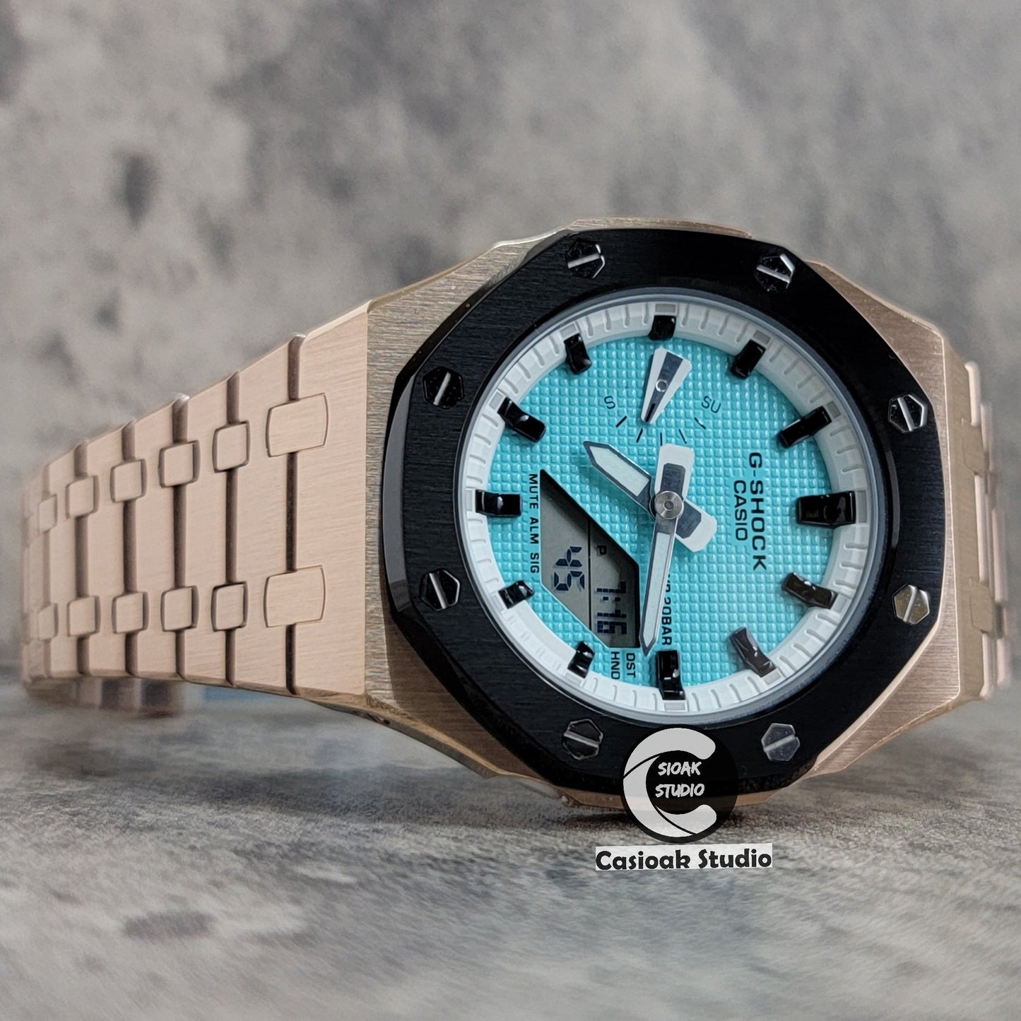 Casioak Mod Watch Black Rose Gold Case Metal Strap White Black Time Mark Tiffany Blue Dial 42mm - Casioak Studio