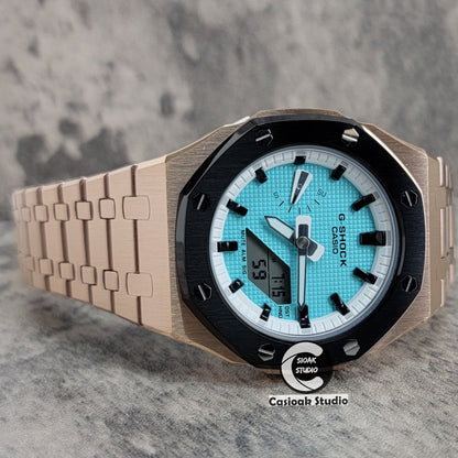 Casioak Mod Watch Black Rose Gold Case Metal Strap White Black Time Mark Tiffany Blue Dial 42mm - Casioak Studio