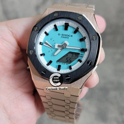 Casioak Mod Watch Black Rose Gold Case Metal Strap White Black Time Mark Tiffany Blue Dial 42mm - Casioak Studio