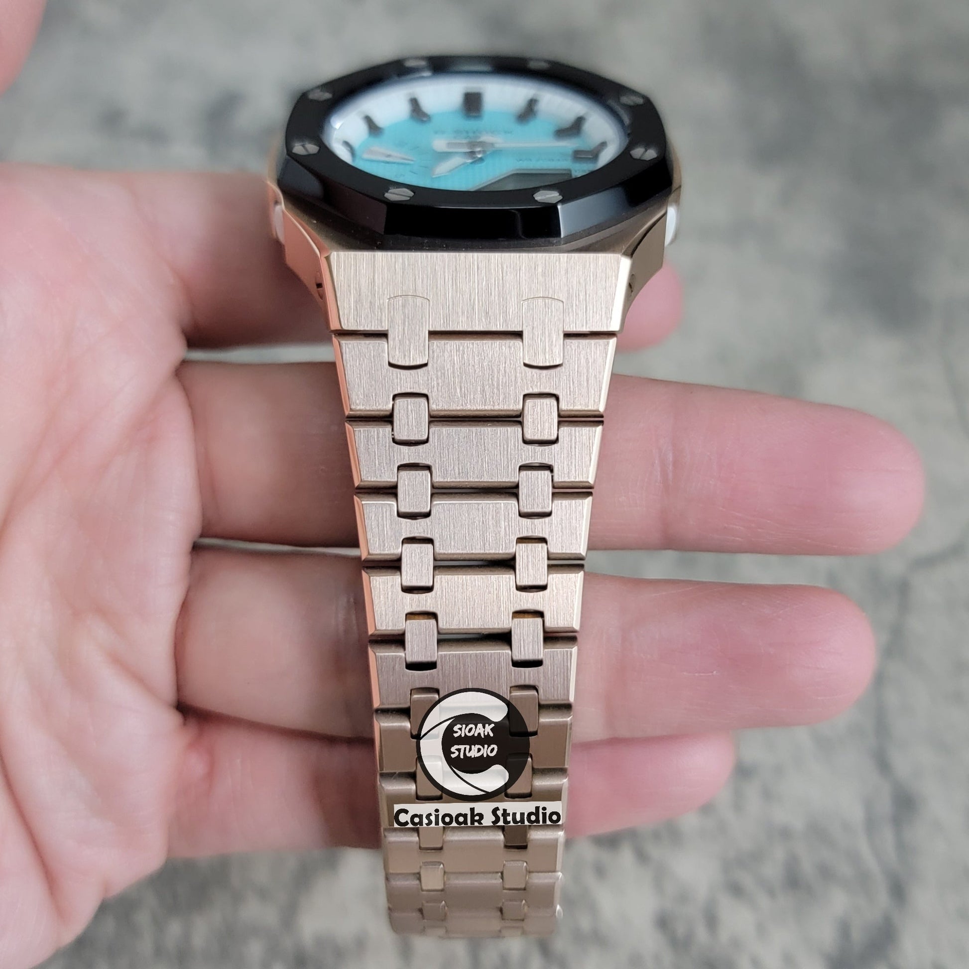 Casioak Mod Watch Black Rose Gold Case Metal Strap White Black Time Mark Tiffany Blue Dial 42mm - Casioak Studio