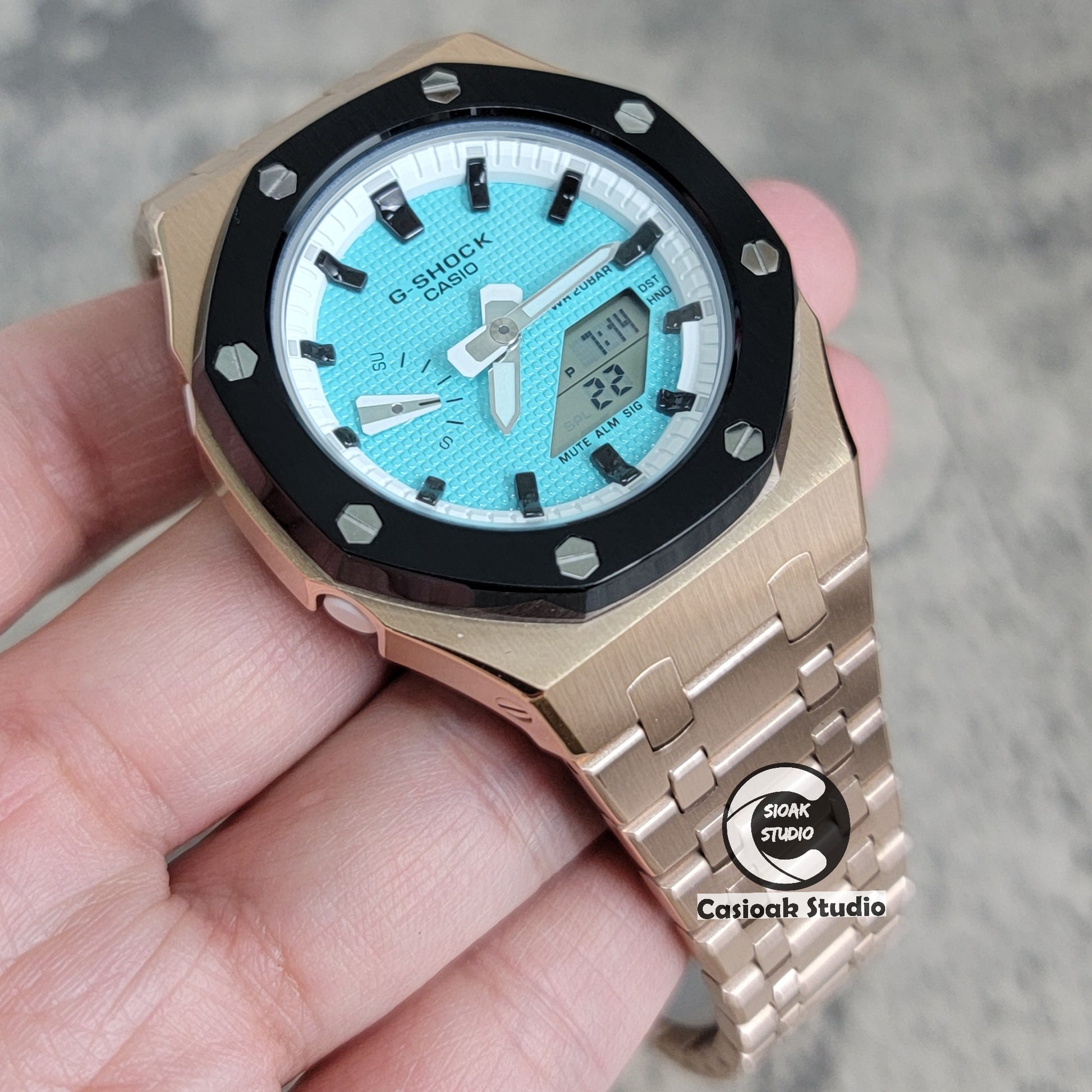 Casioak Mod Watch Black Rose Gold Case Metal Strap White Black Time Mark Tiffany Blue Dial 42mm - Casioak Studio