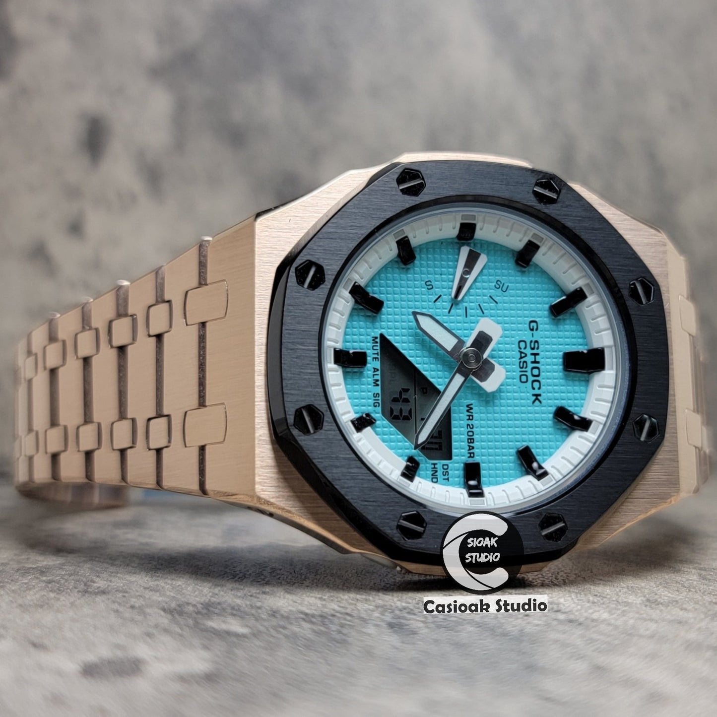 Casioak Mod Watch Black Rose Gold Case Metal Strap White Black Time Mark Tiffany Blue Dial 42mm - Casioak Studio