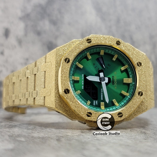 Casioak Mod Watch Frosted Glod Case Metal Strap Green Gold Time Mark Green Dial 44mm