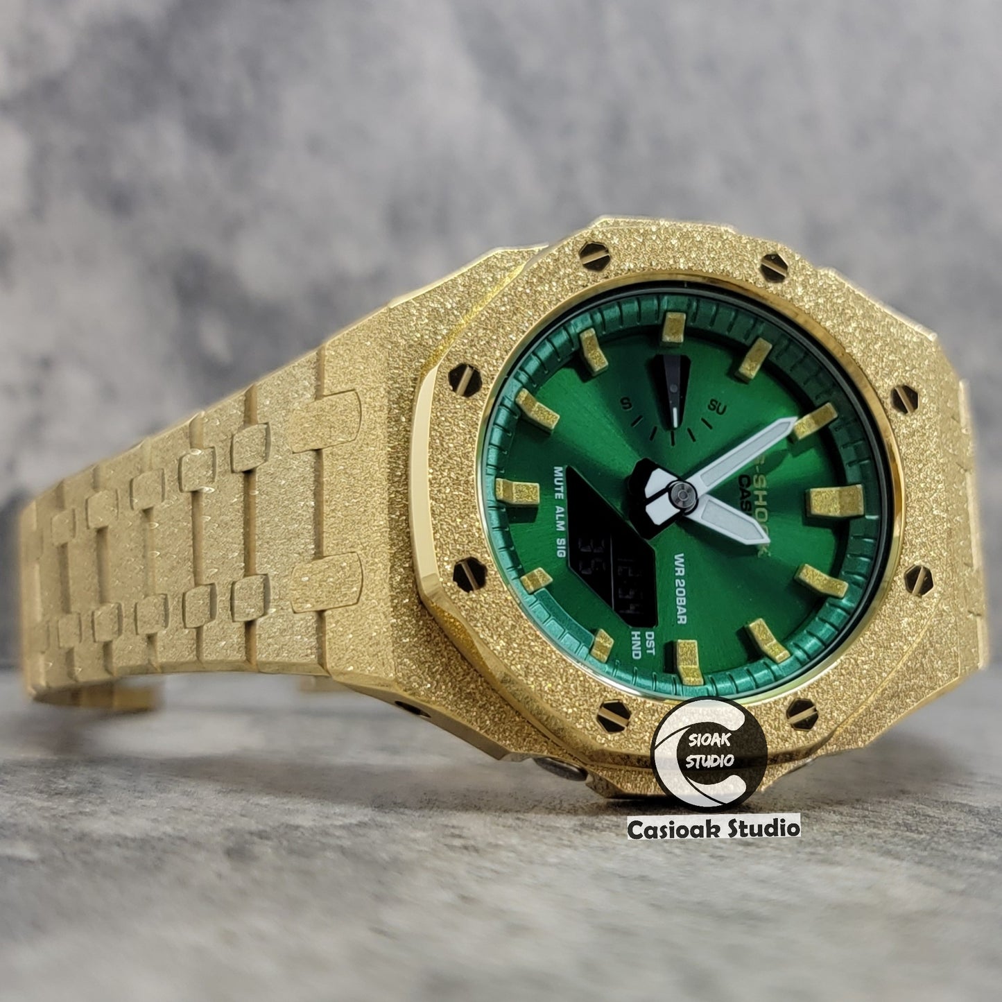 Casioak Mod Watch Frosted Glod Case Metal Strap Green Gold Time Mark Green Dial 44mm - Casioak Studio