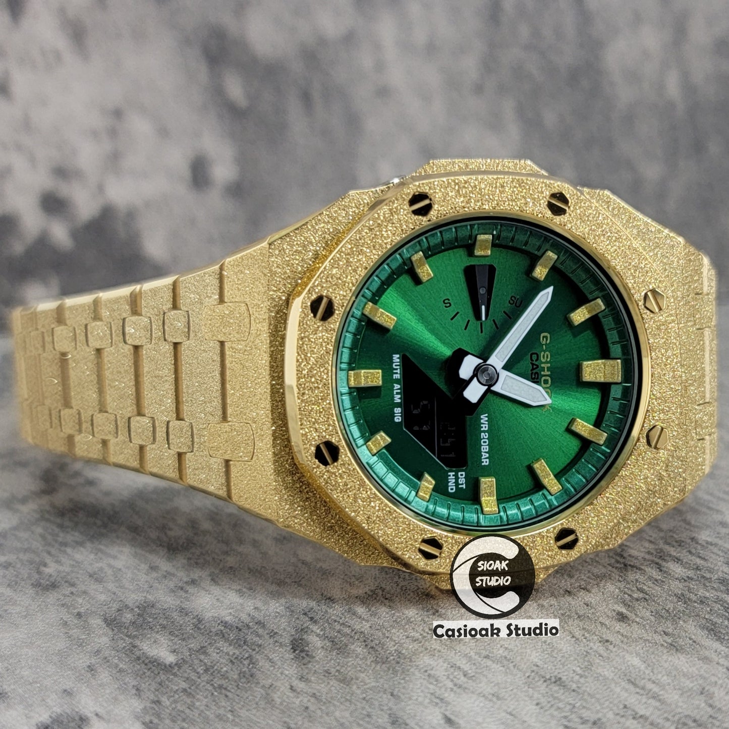 Casioak Mod Watch Frosted Glod Case Metal Strap Green Gold Time Mark Green Dial 44mm - Casioak Studio