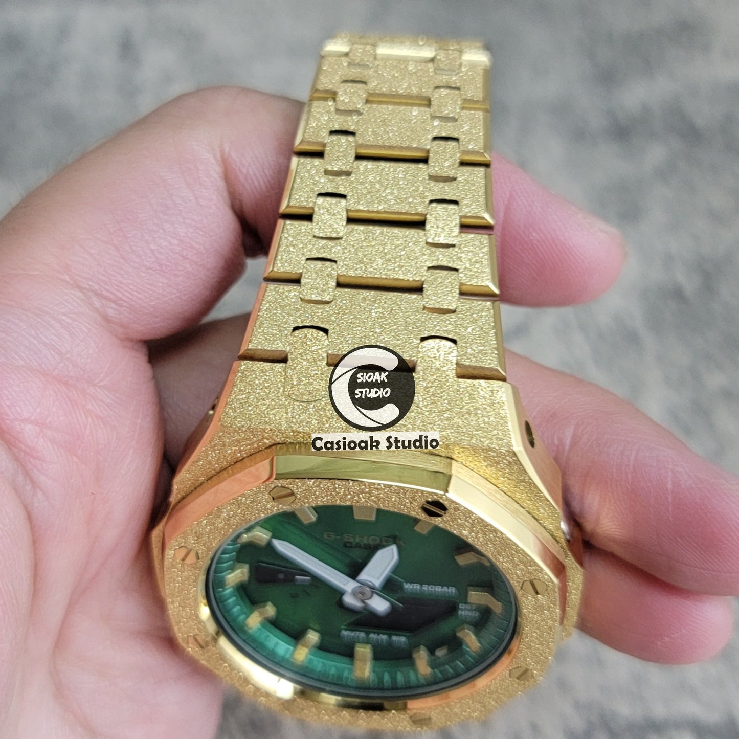 Casioak Mod Watch Frosted Glod Case Metal Strap Green Gold Time Mark Green Dial 44mm - Casioak Studio