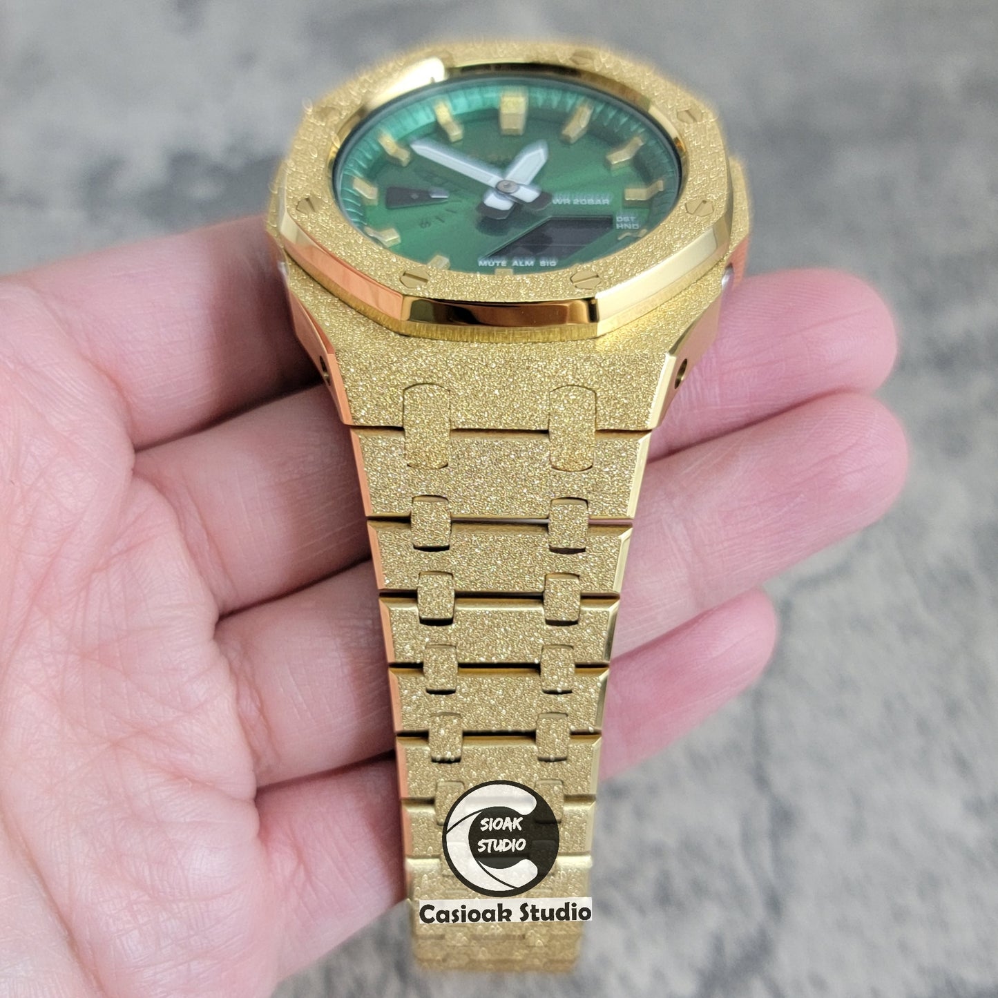 Casioak Mod Watch Frosted Glod Case Metal Strap Green Gold Time Mark Green Dial 44mm - Casioak Studio