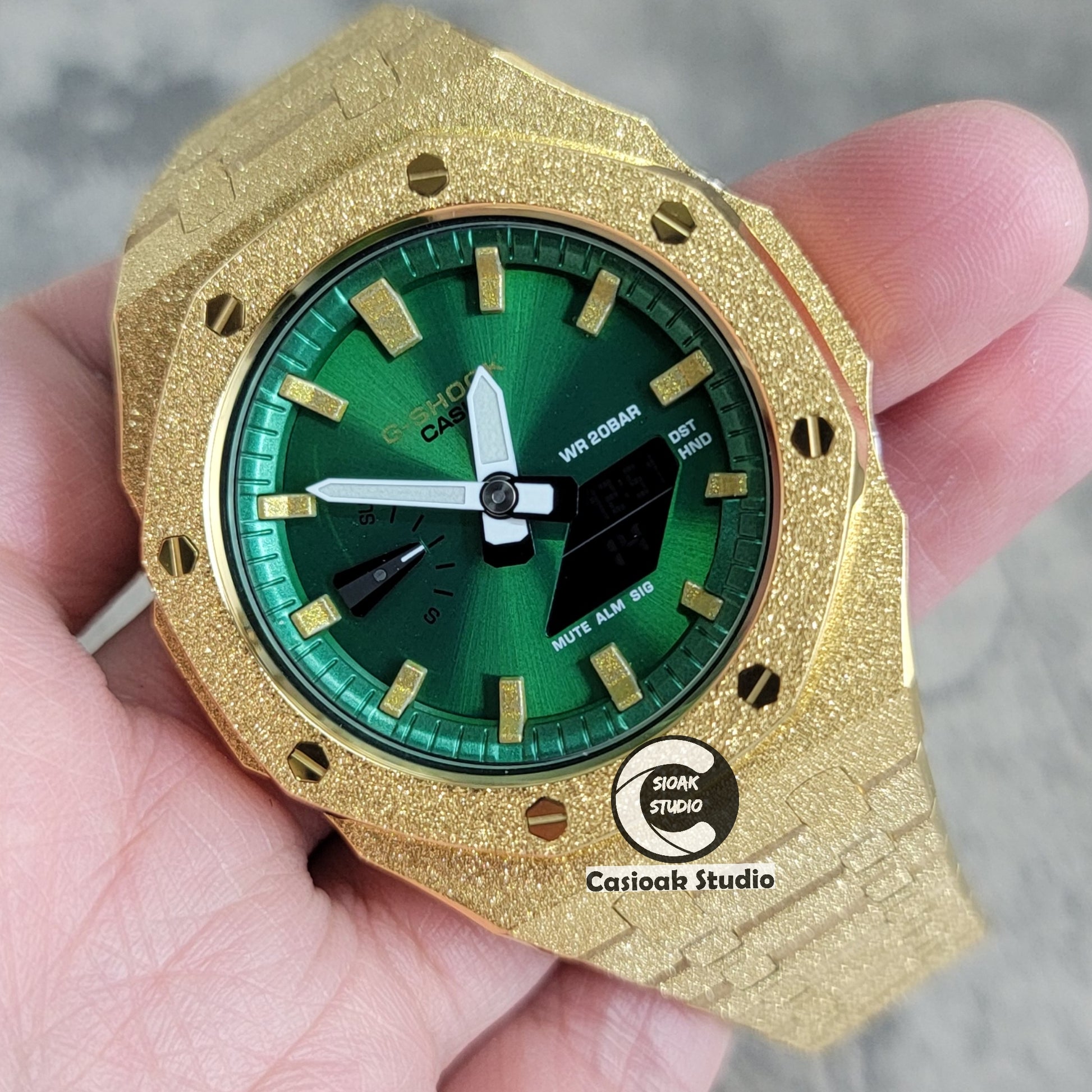 Casioak Mod Watch Frosted Glod Case Metal Strap Green Gold Time Mark Green Dial 44mm - Casioak Studio