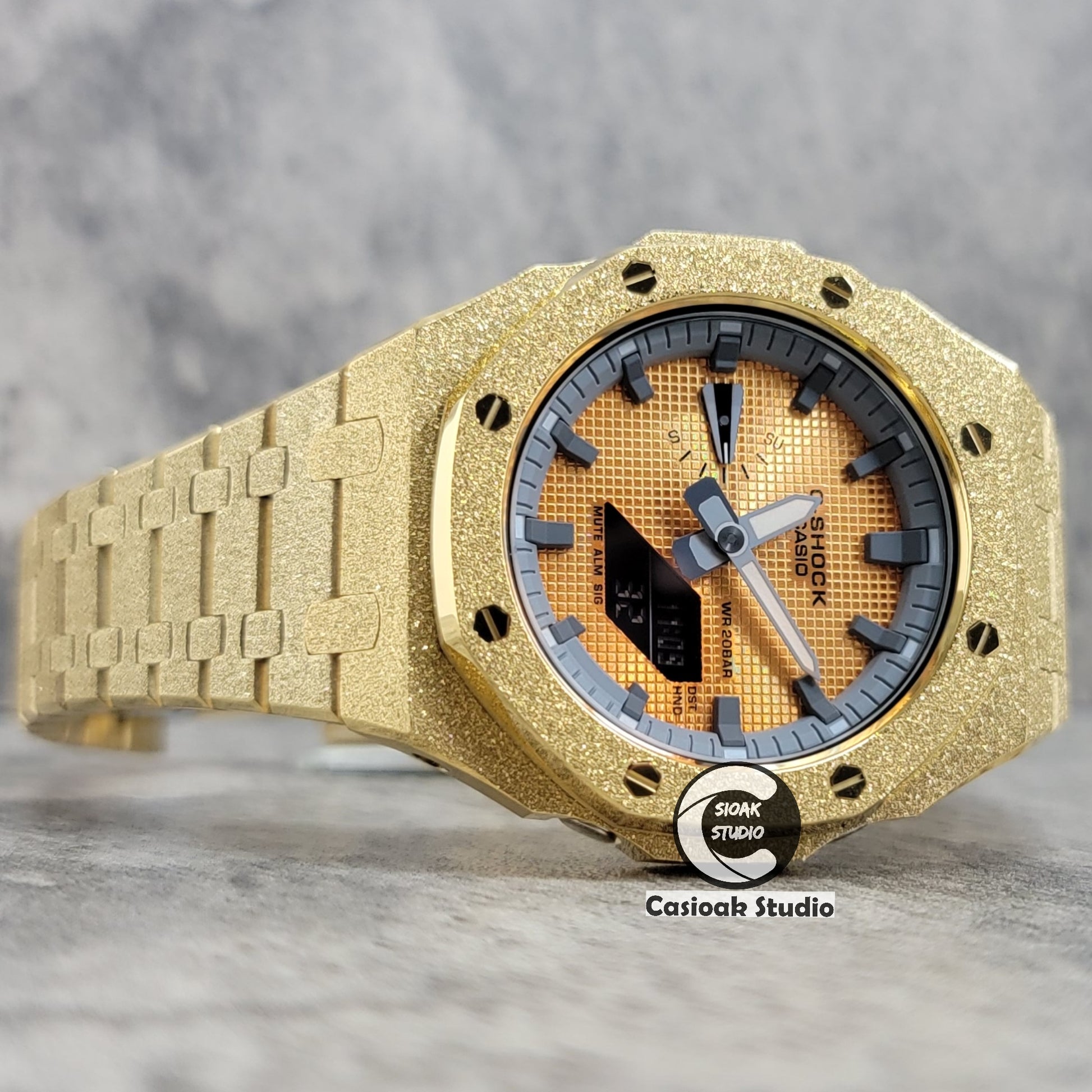 Casioak Mod Watch Frosted Gold Case Metal Strap Gray Time Mark Gold Waffle Dial 44mm - Casioak Studio