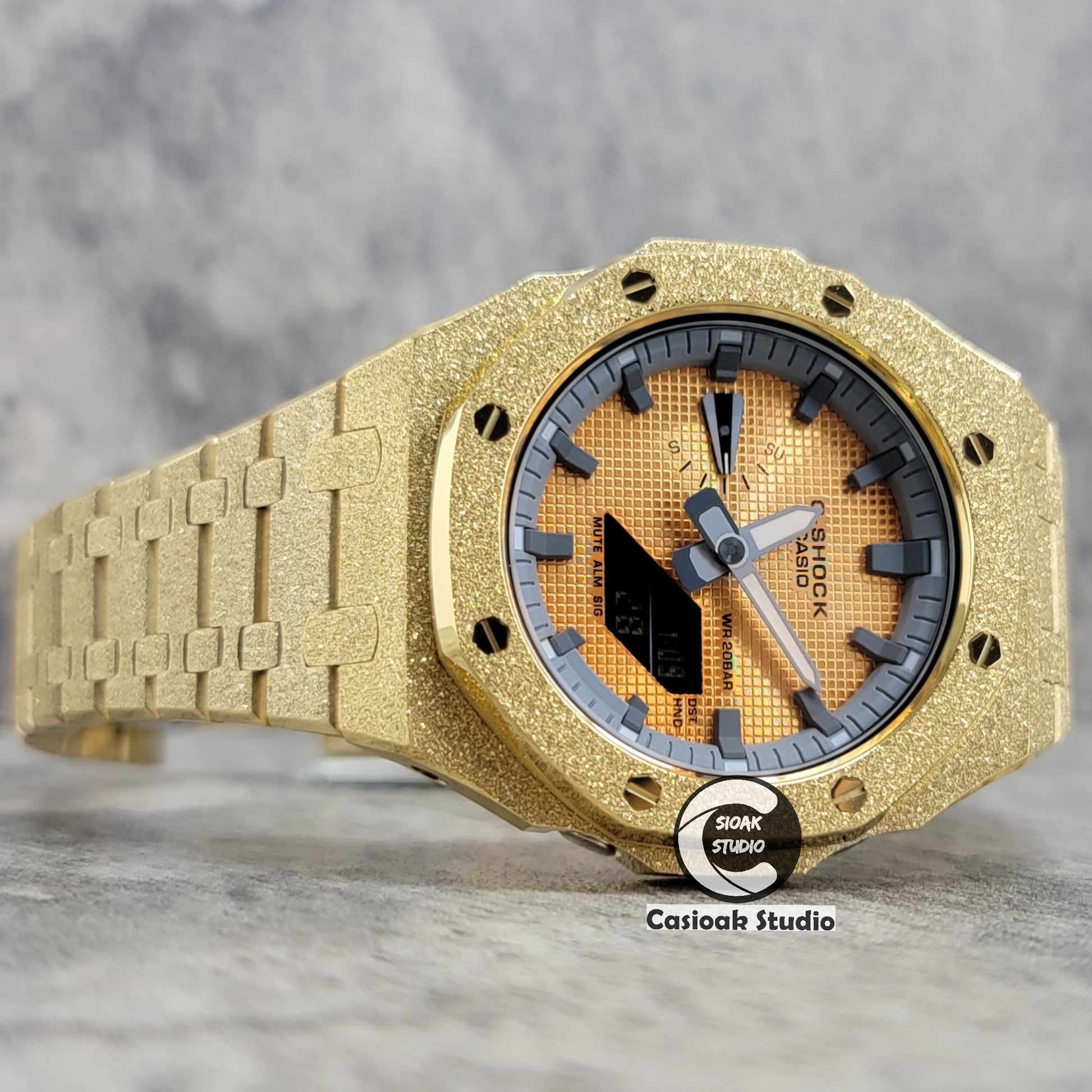 Casioak Mod Watch Frosted Gold Case Metal Strap Gray Time Mark Gold Waffle Dial 44mm - Casioak Studio