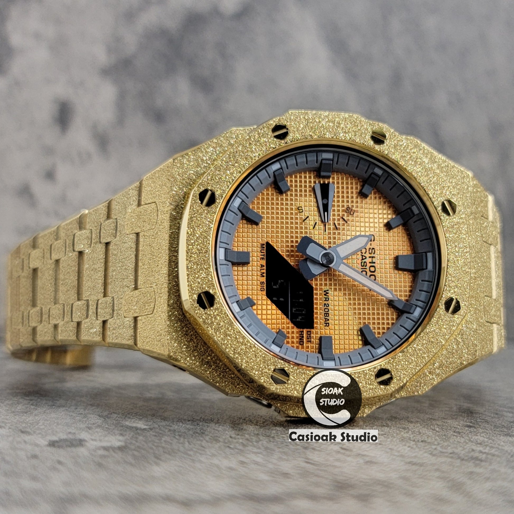 Casioak Mod Watch Frosted Gold Case Metal Strap Gray Time Mark Gold Waffle Dial 44mm - Casioak Studio