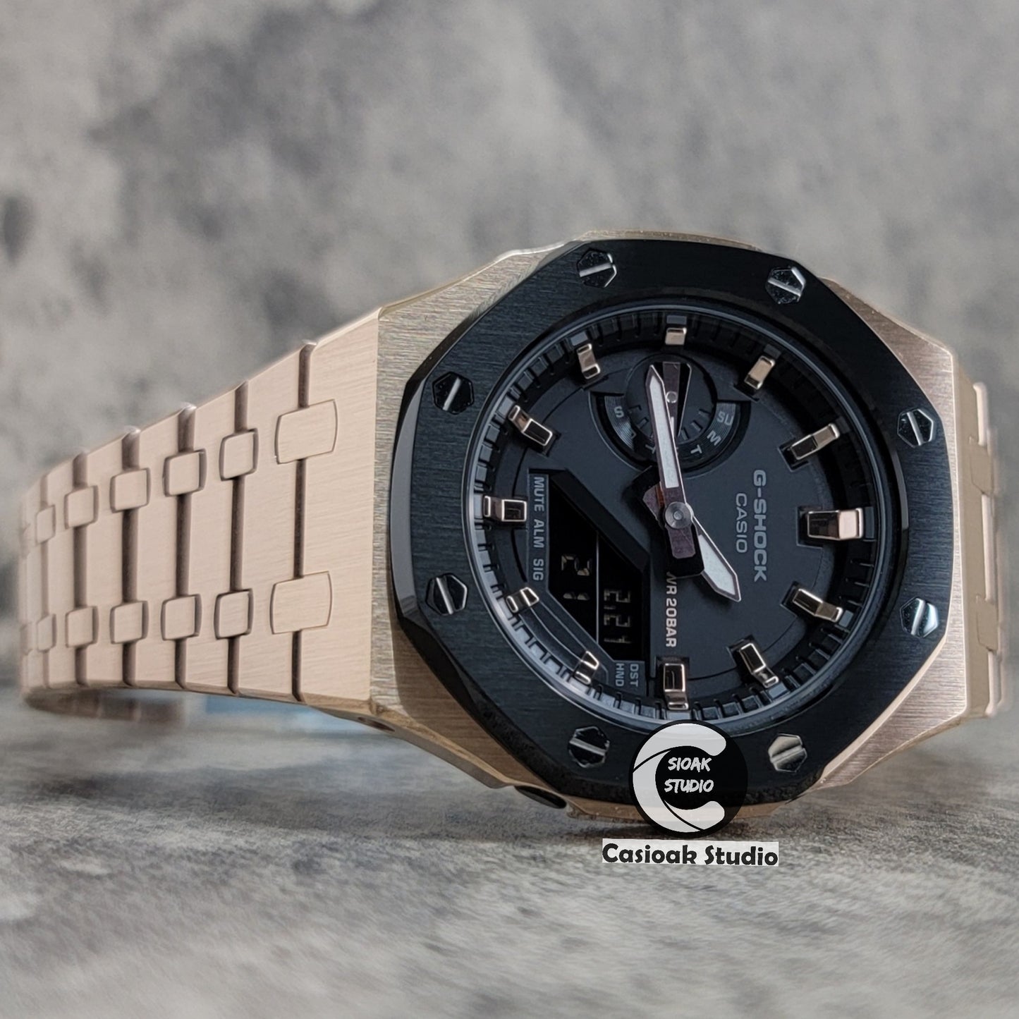 Casioak Mod Watch Black Rose Gold Case Metal Strap Black Rose Gold Time Mark Black Dial 42mm - Casioak Studio