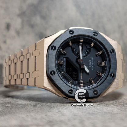 Casioak Mod Watch Black Rose Gold Case Metal Strap Black Rose Gold Time Mark Black Dial 42mm - Casioak Studio