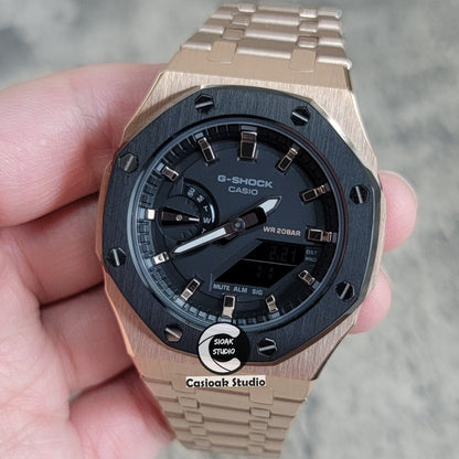 Casioak Mod Watch Black Rose Gold Case Metal Strap Black Rose Gold Time Mark Black Dial 42mm - Casioak Studio