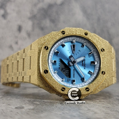 Casioak Mod Watch Frosted Gold Case Metal Strap Silver Time Mark Ice Blue Dial 44mm - Casioak Studio