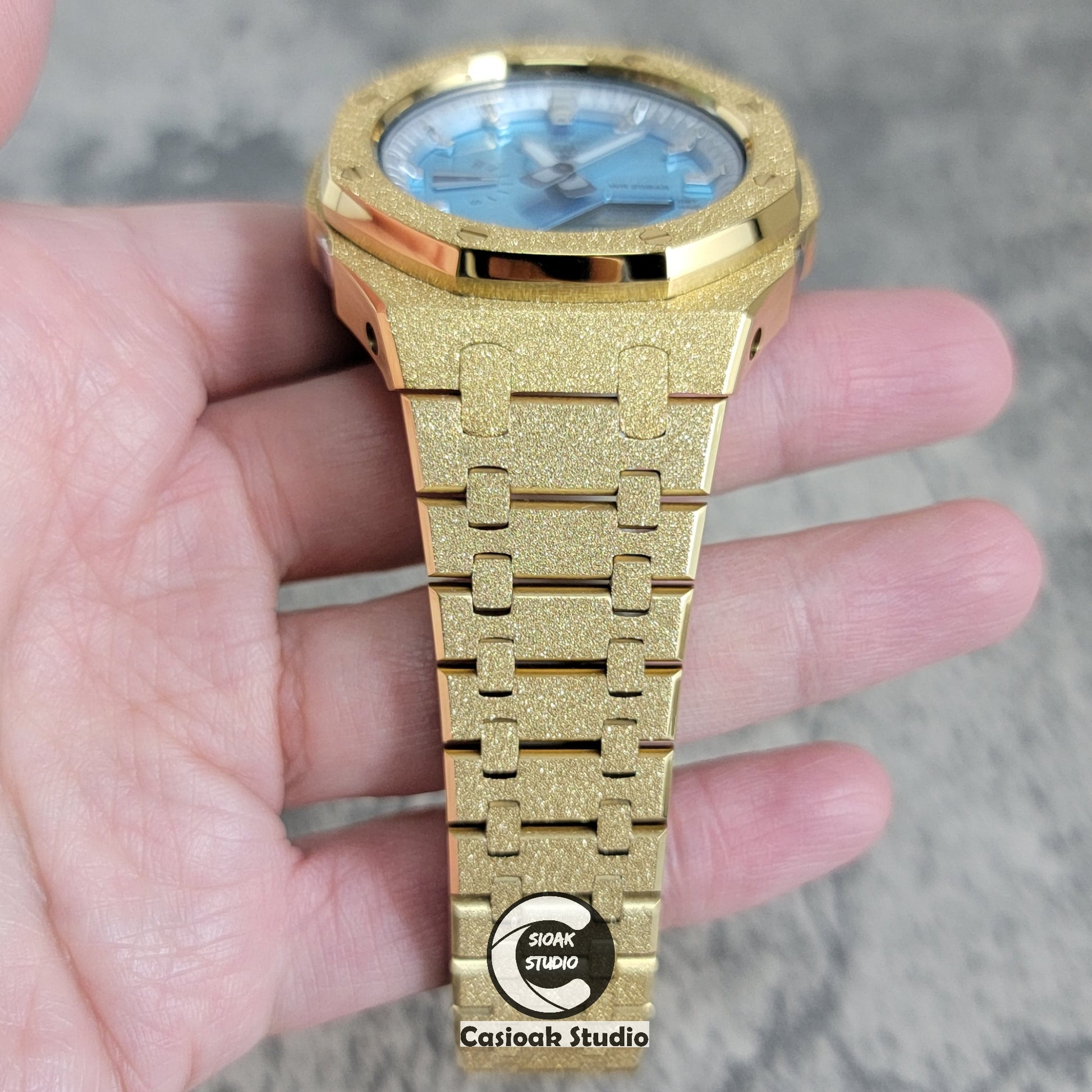 Casioak Mod Watch Frosted Gold Case Metal Strap Silver Time Mark Ice Blue Dial 44mm - Casioak Studio