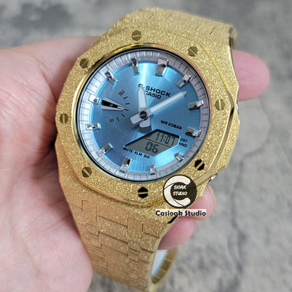 Casioak Mod Watch Frosted Gold Case Metal Strap Silver Time Mark Ice Blue Dial 44mm - Casioak Studio