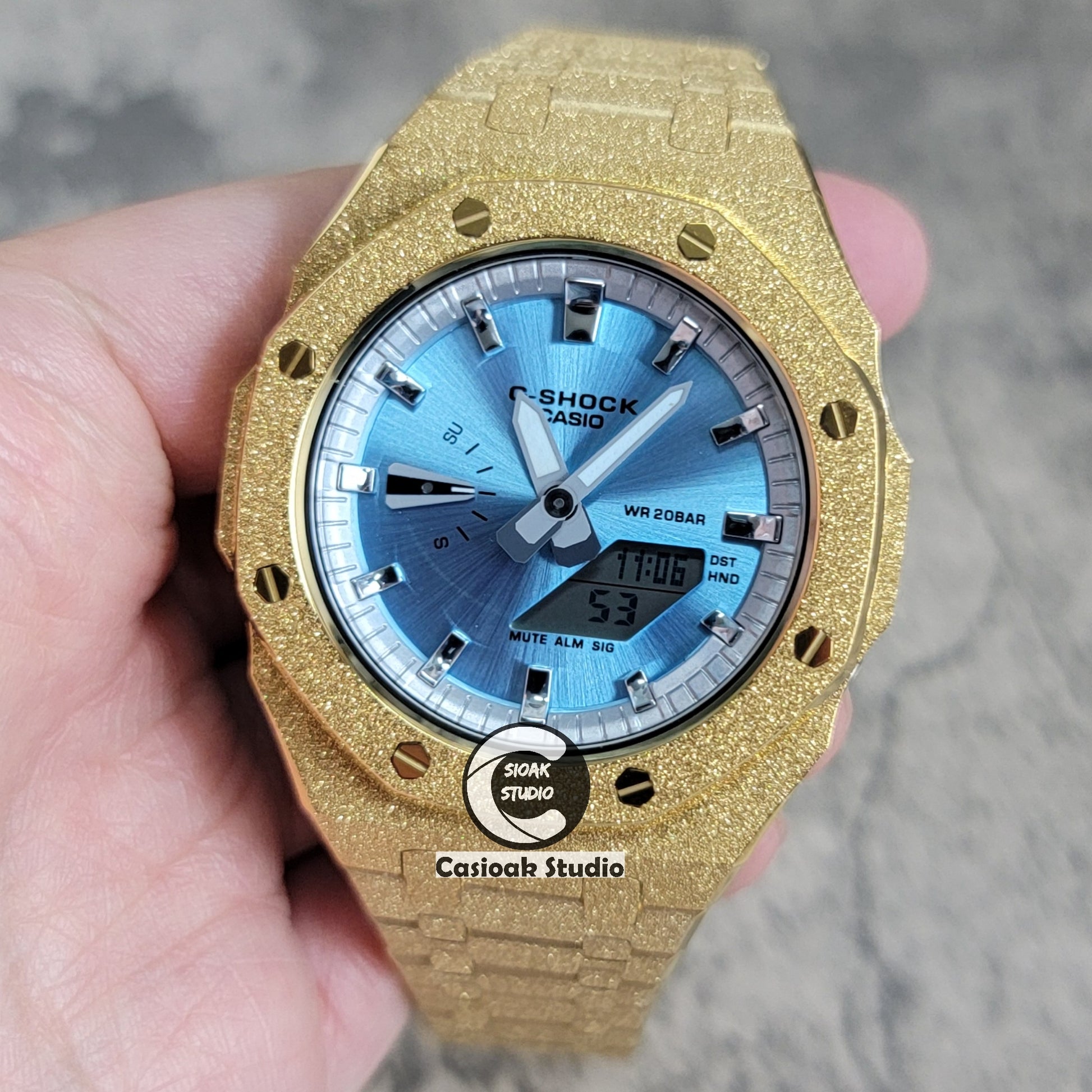 Casioak Mod Watch Frosted Gold Case Metal Strap Silver Time Mark Ice Blue Dial 44mm - Casioak Studio