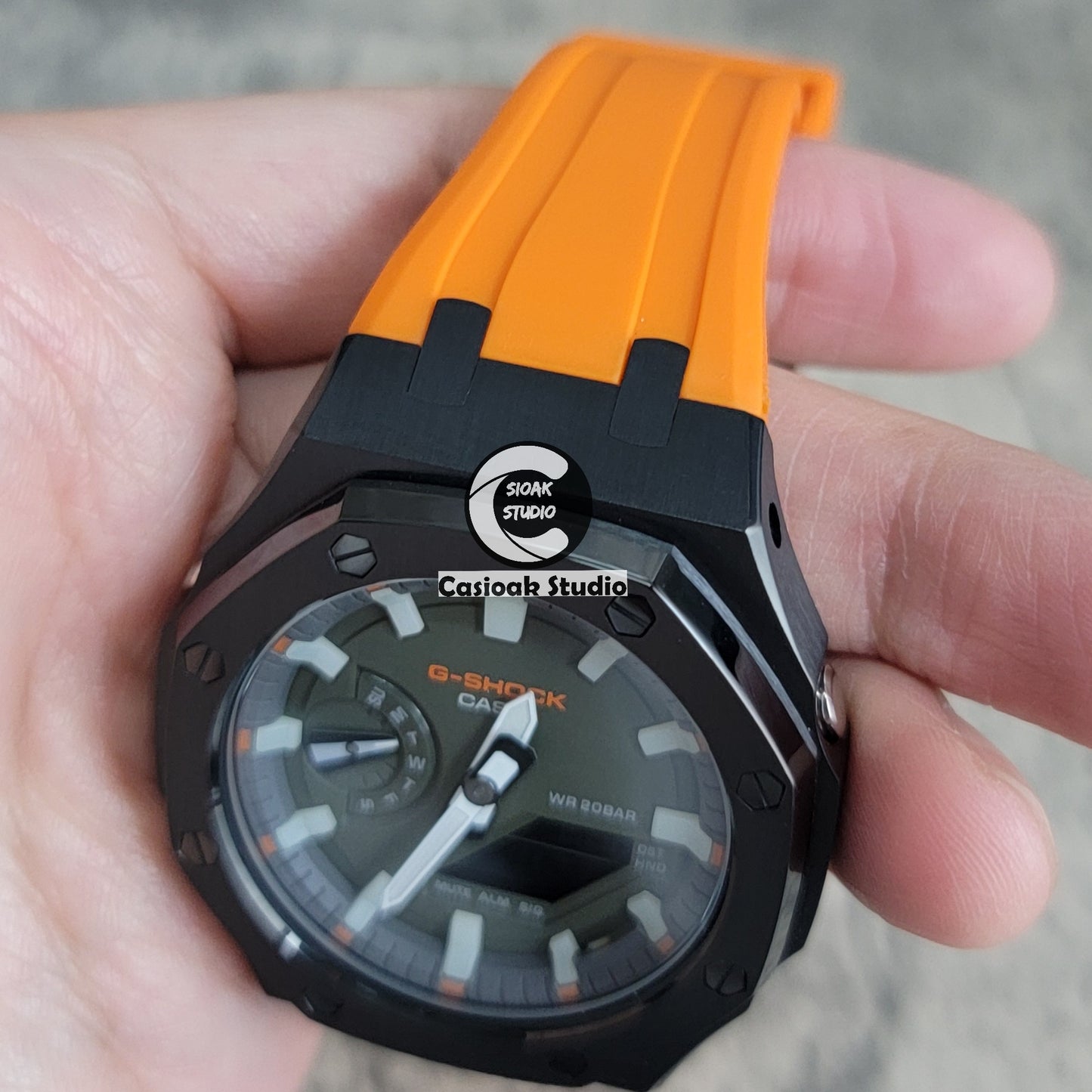 Casioak Mod Watch Black Case Orange Rubber Strap White Luminous Time Mark Olive Green Dial 44mm - Casioak Studio