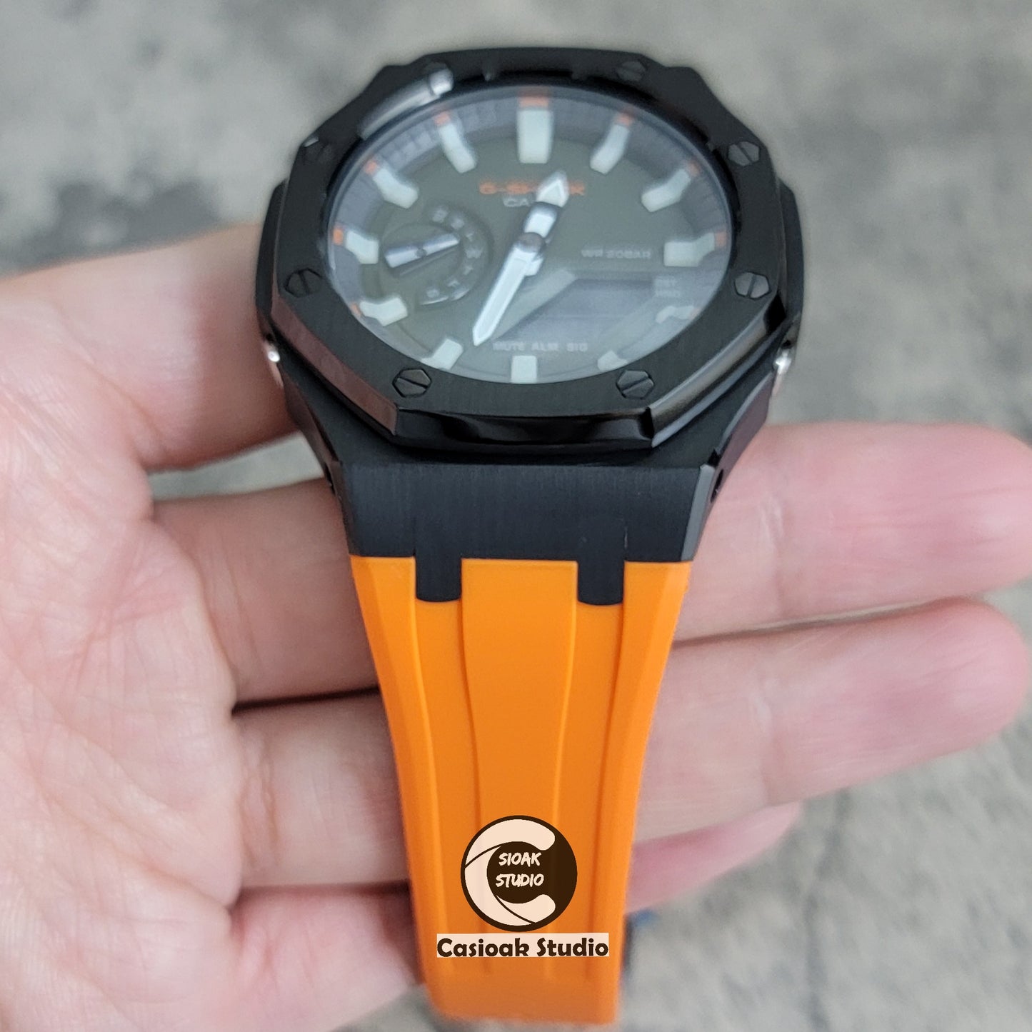 Casioak Mod Watch Black Case Orange Rubber Strap White Luminous Time Mark Olive Green Dial 44mm - Casioak Studio