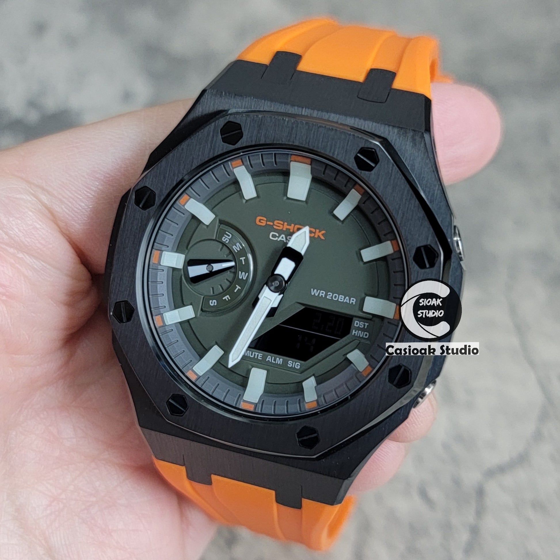 Casioak Mod Watch Black Case Orange Rubber Strap White Luminous Time Mark Olive Green Dial 44mm - Casioak Studio