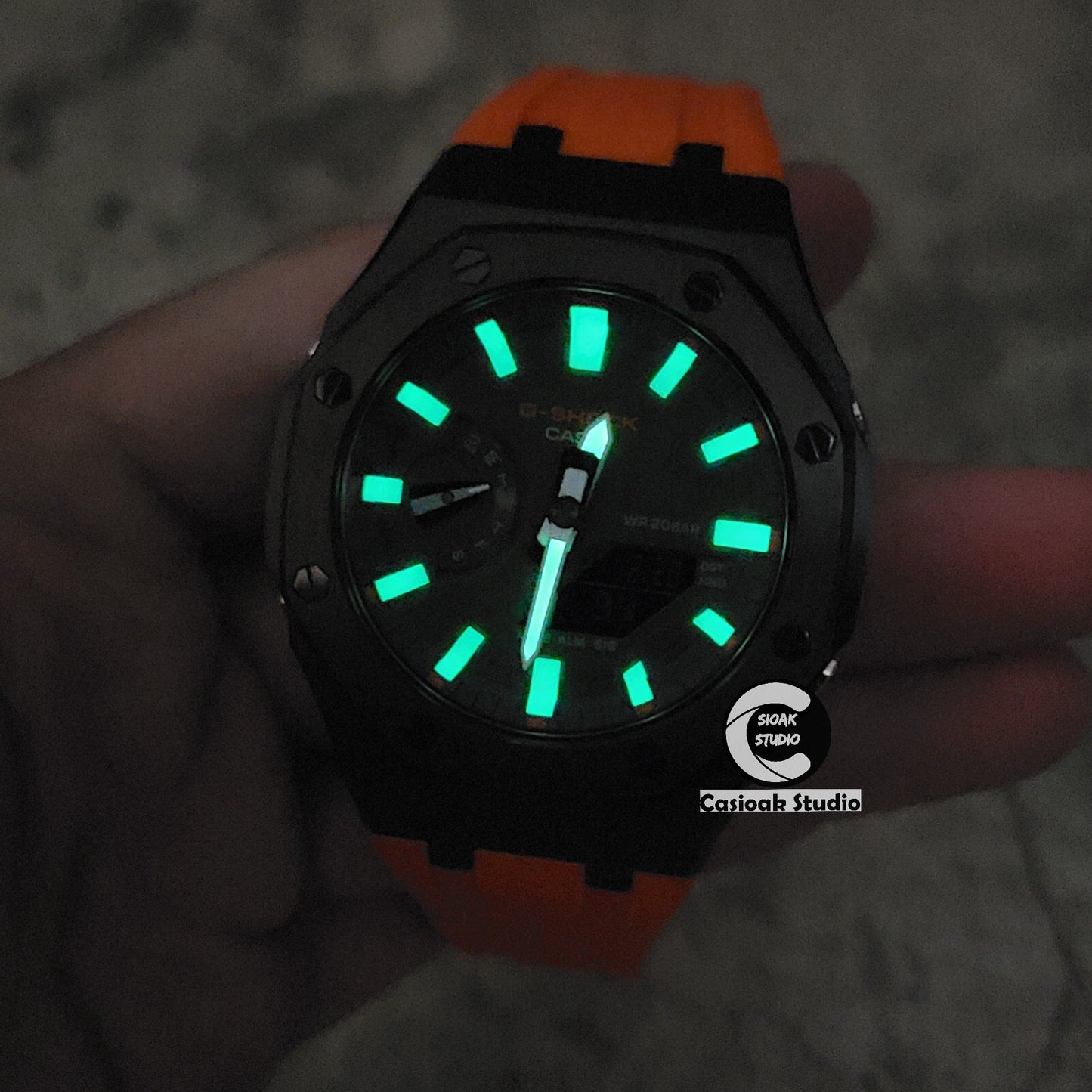 Casioak Mod Watch Black Case Orange Rubber Strap White Luminous Time Mark Olive Green Dial 44mm - Casioak Studio