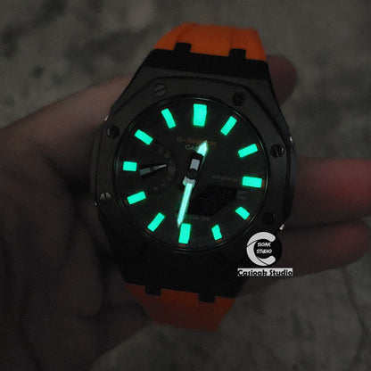 Casioak Mod Watch Black Case Orange Rubber Strap White Luminous Time Mark Olive Green Dial 44mm - Casioak Studio