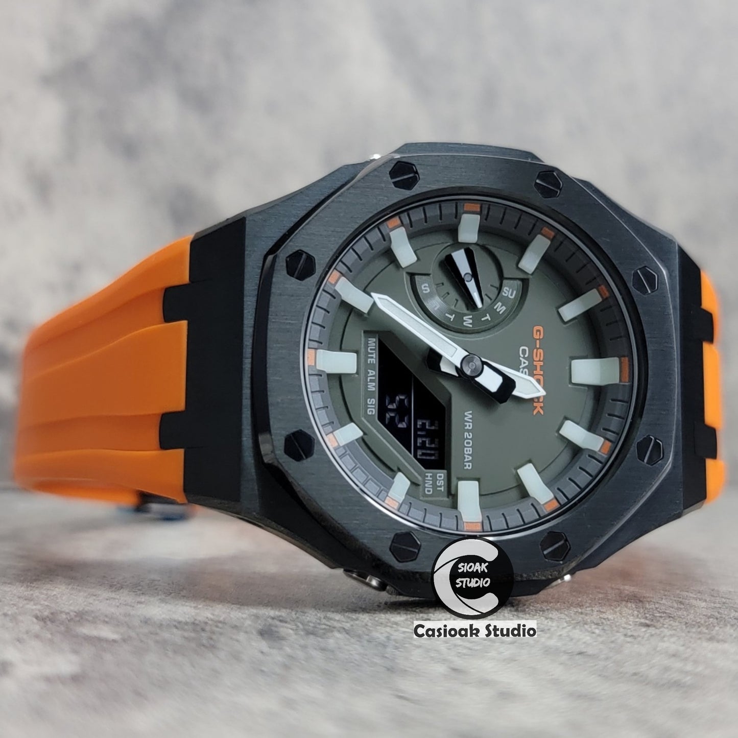 Casioak Mod Watch Black Case Orange Rubber Strap White Luminous Time Mark Olive Green Dial 44mm - Casioak Studio