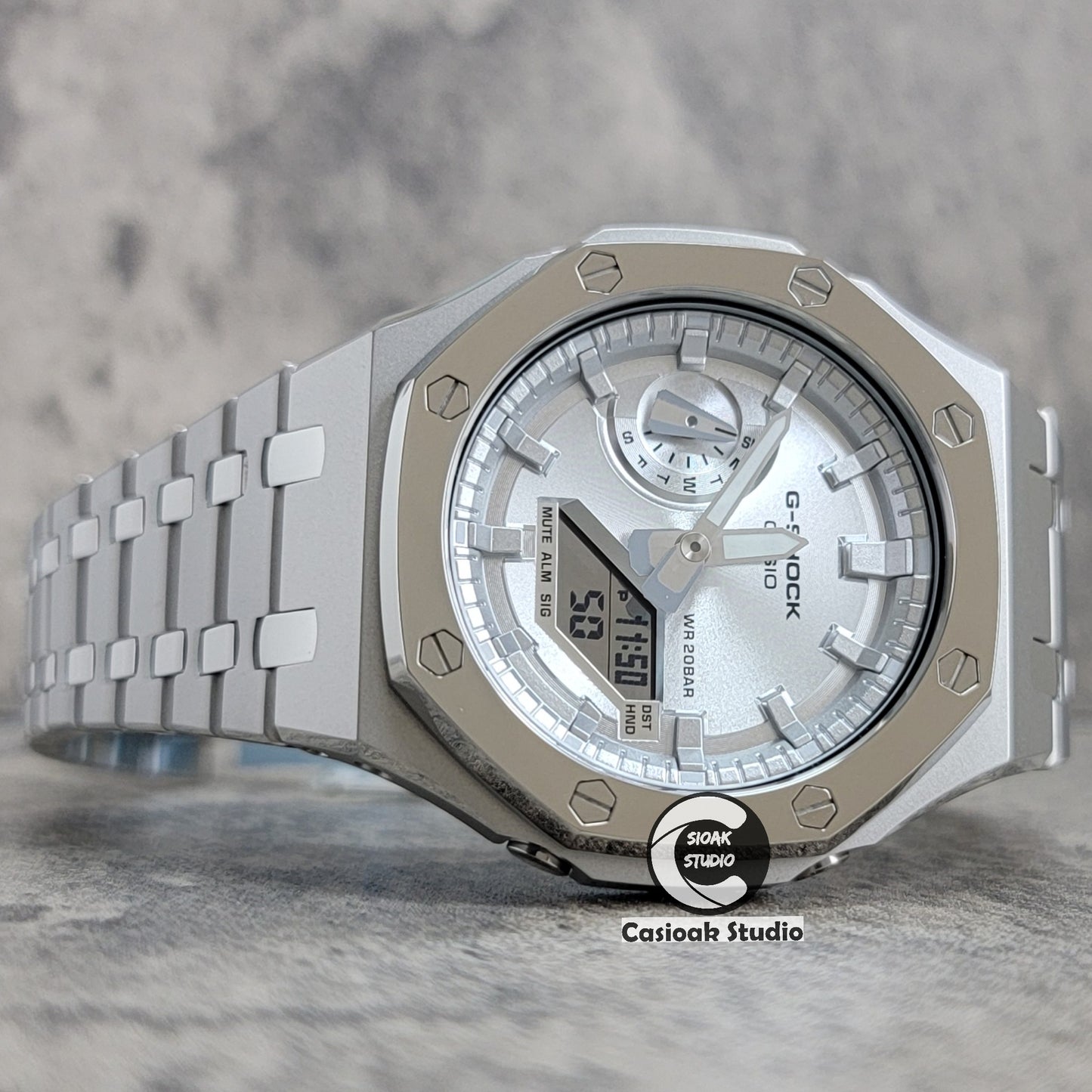 Casioak Mod Watch Polished Silver Case Metal Strap Silver Time Mark Silver Dial 44mm - Casioak Studio