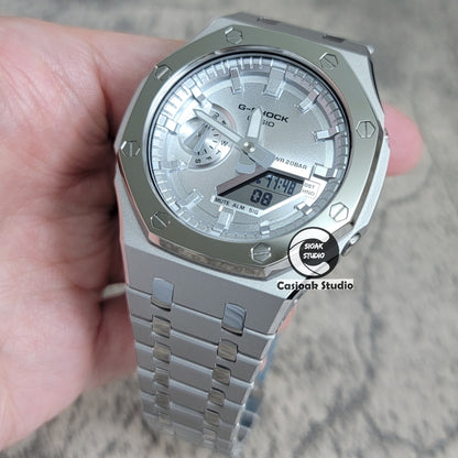 Casioak Mod Watch Polished Silver Case Metal Strap Silver Time Mark Silver Dial 44mm - Casioak Studio