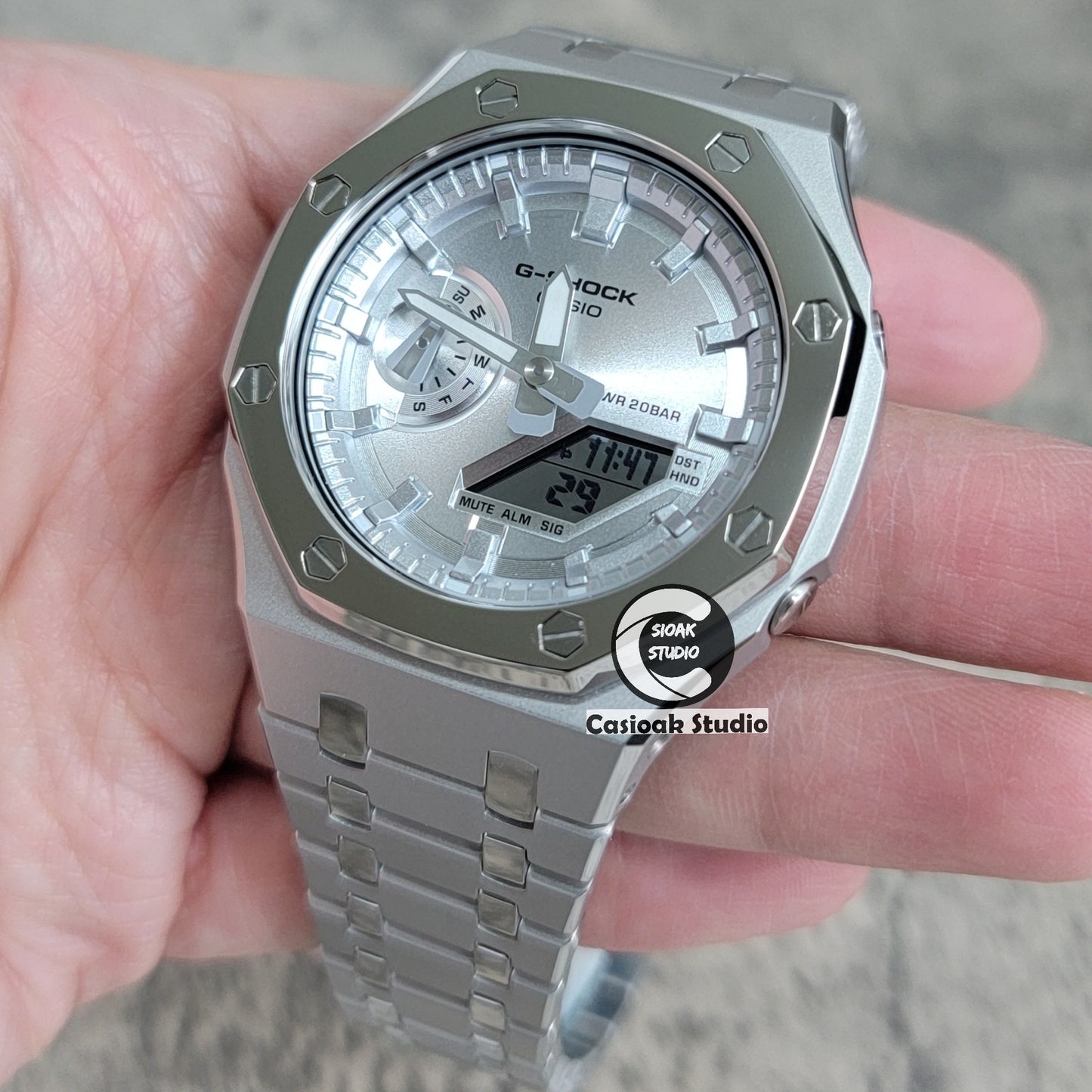 Casioak Mod Watch Polished Silver Case Metal Strap Silver Time Mark Silver Dial 44mm - Casioak Studio