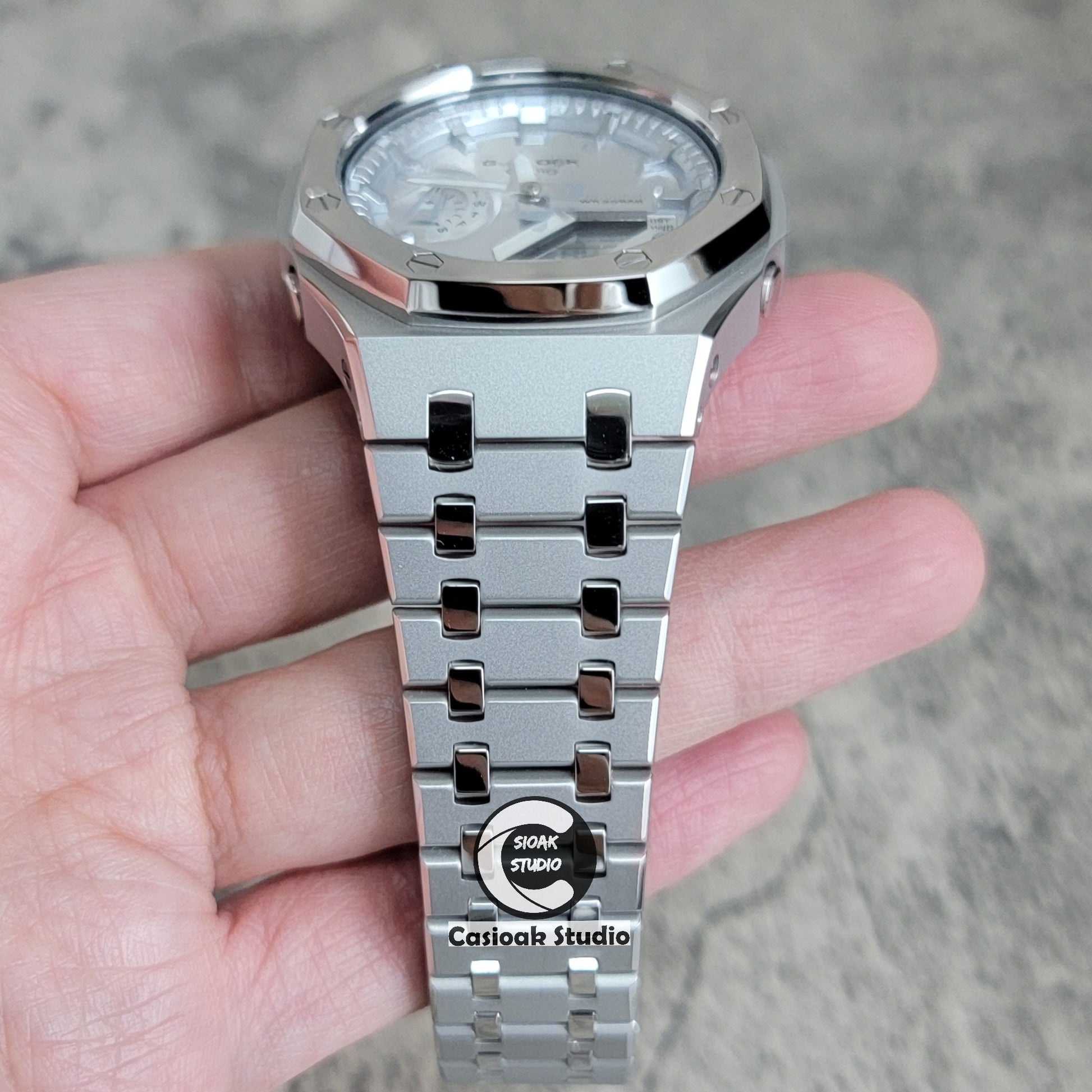 Casioak Mod Watch Polished Silver Case Metal Strap Silver Time Mark Silver Dial 44mm - Casioak Studio