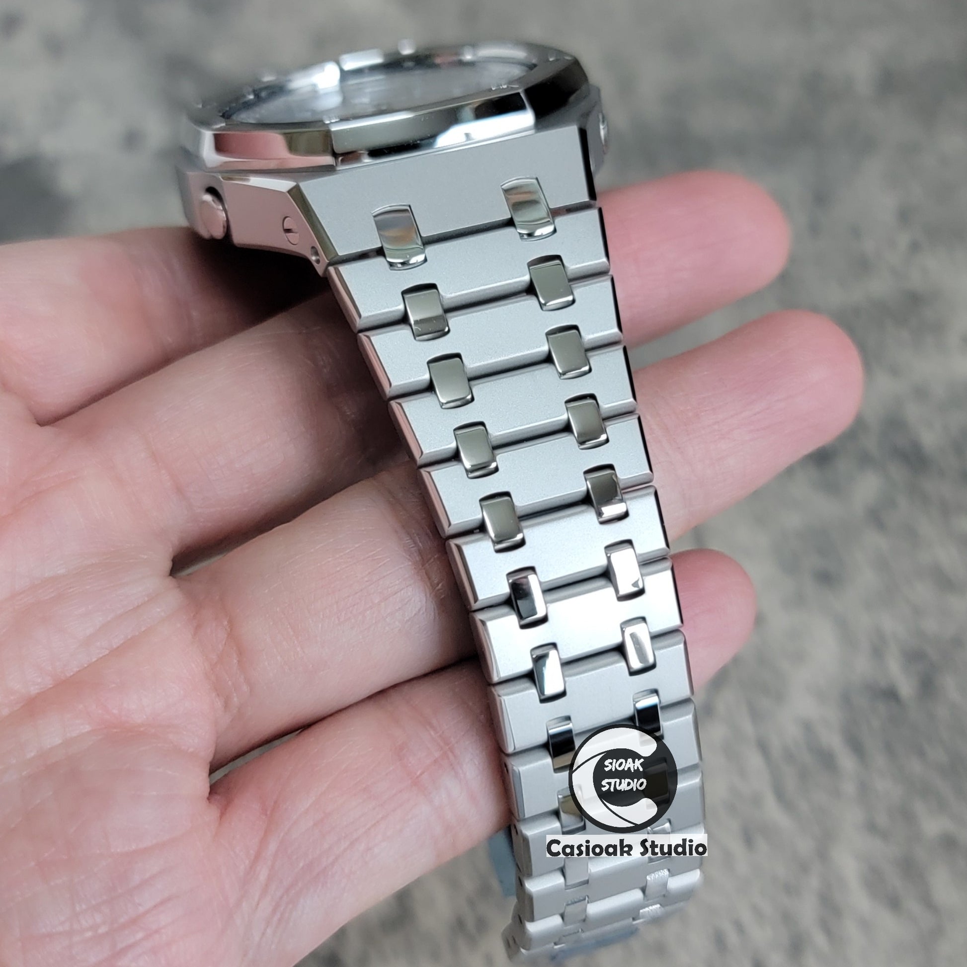 Casioak Mod Watch Polished Silver Case Metal Strap Silver Time Mark Silver Dial 44mm - Casioak Studio