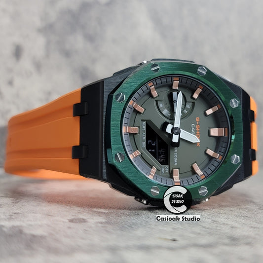 Casioak Mod Watch Offshore Superior Green Black Case Orange Rubber Rubber Strap Black Rose Gold Time Mark OIive Dial 44mm