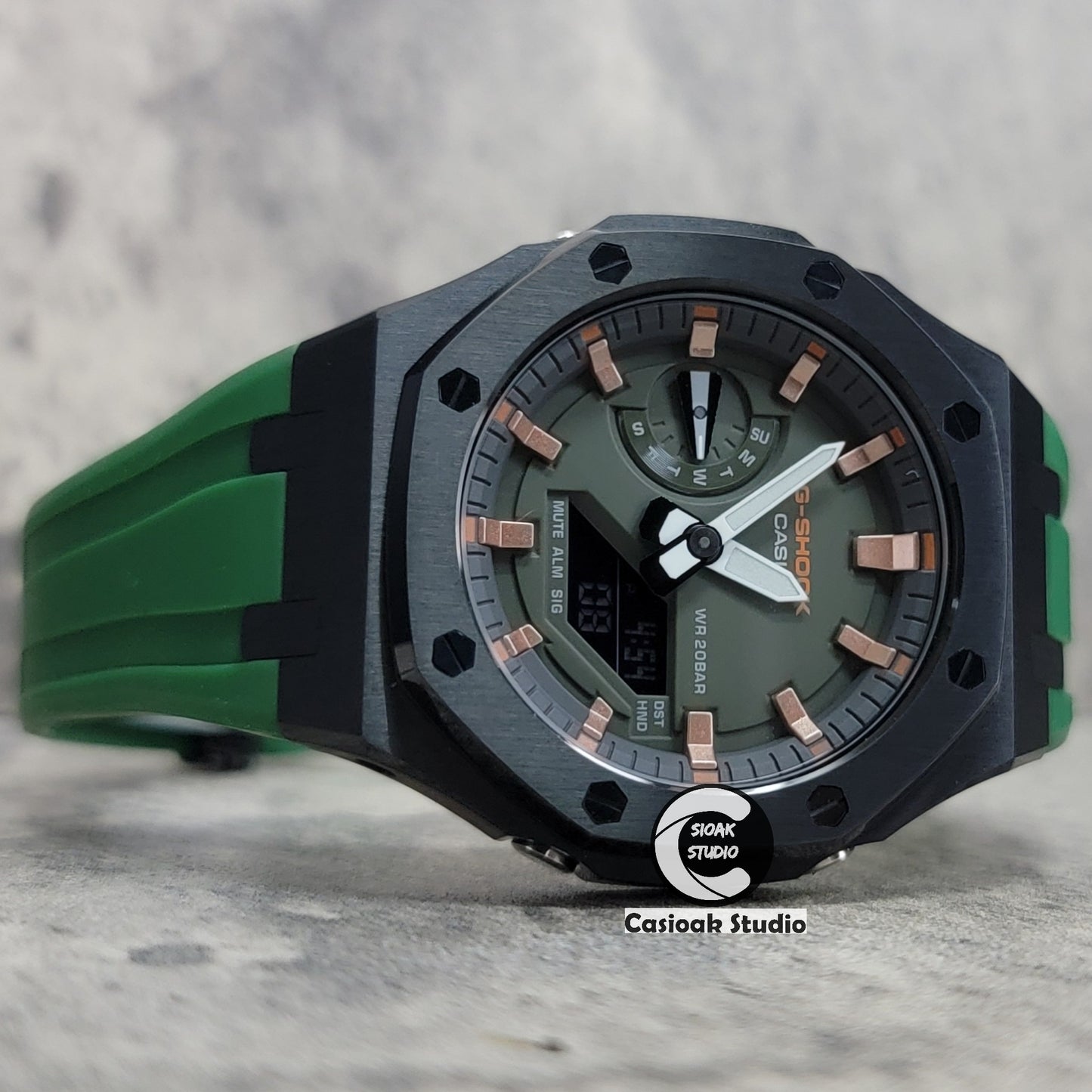 Casioak Mod Watch Black Case Green Rubber Strap Black Rose Gold Time Mark Olive Green Dial 44mm - Casioak Studio