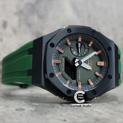 Casioak Mod Watch Black Case Green Rubber Strap Black Rose Gold Time Mark Olive Green Dial 44mm - Casioak Studio