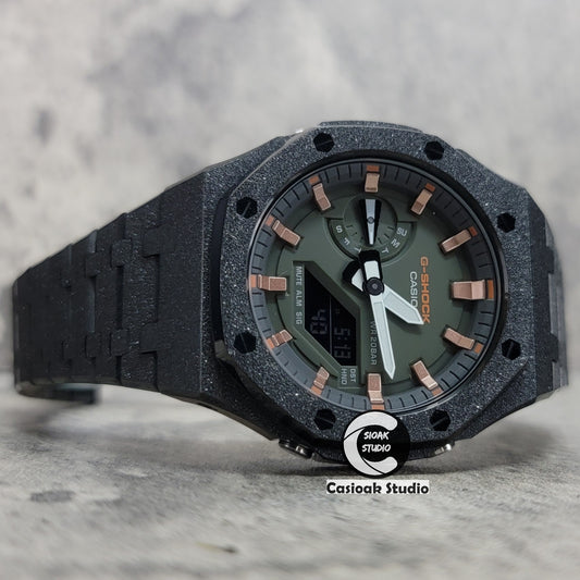 Casioak Mod Watch Frosted Black Case Metal Strap Black Rose Gold Time Mark Green Dial 44mm