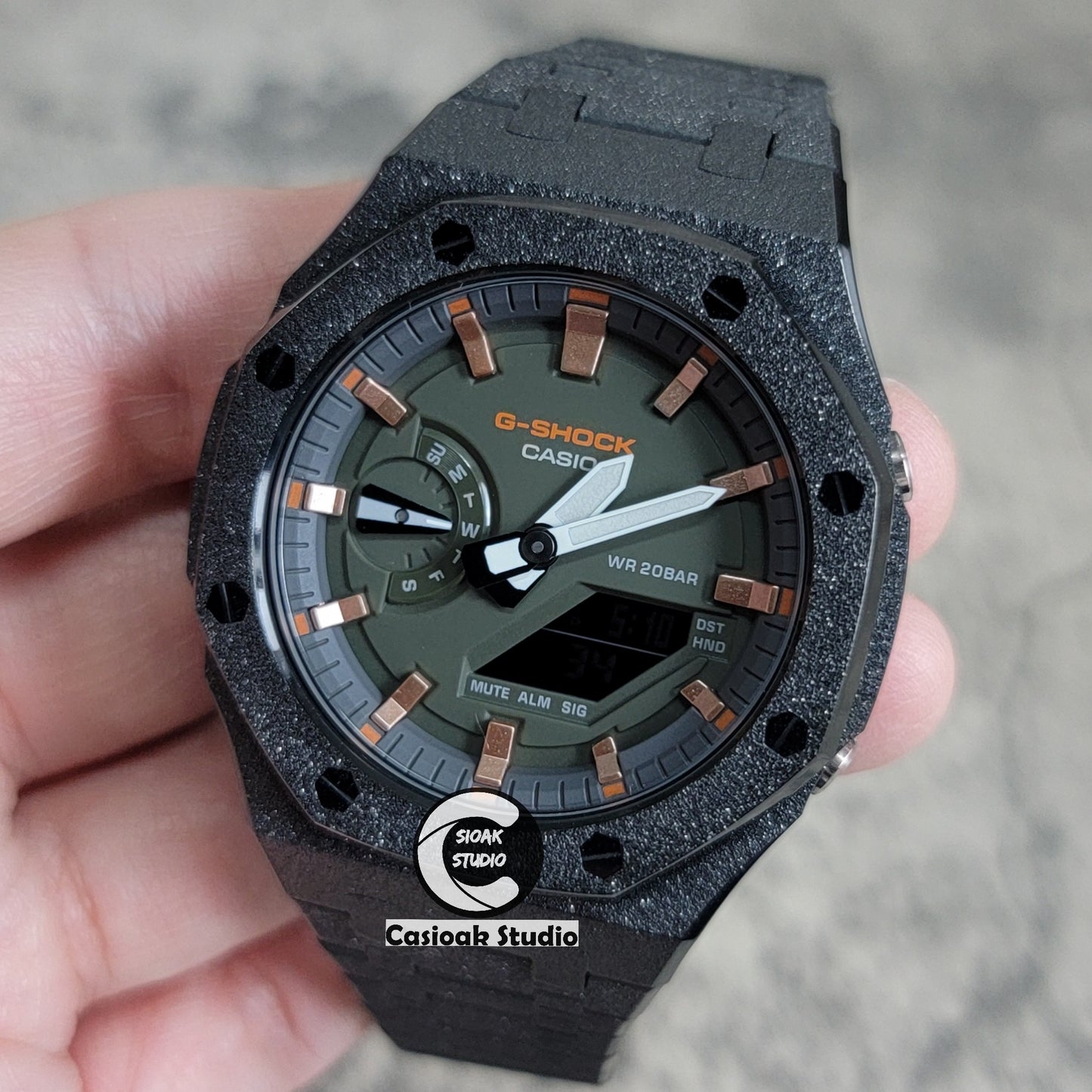 Casioak Mod Watch Frosted Black Case Metal Strap Black Rose Gold Time Mark Green Dial 44mm - Casioak Studio