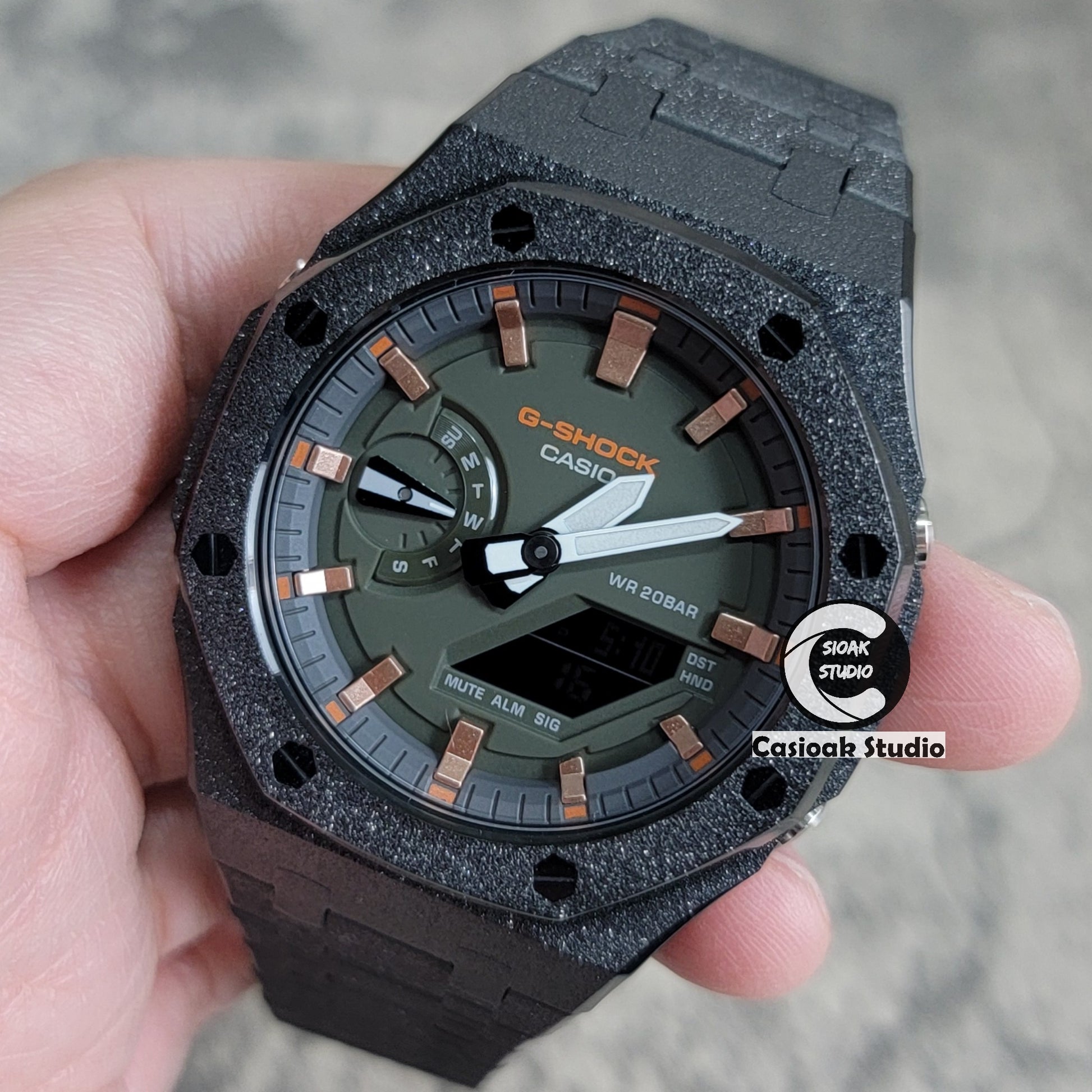 Casioak Mod Watch Frosted Black Case Metal Strap Black Rose Gold Time Mark Green Dial 44mm - Casioak Studio