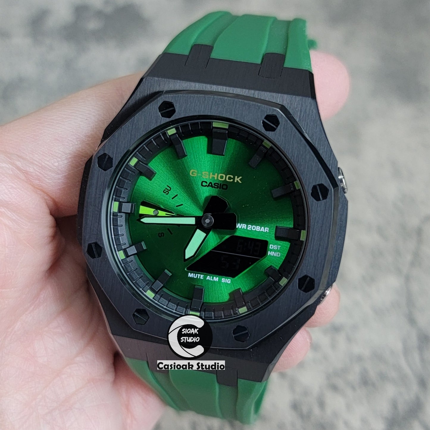 Casioak Mod Watch Black Case Green Rubber Strap Black Time Mark Green Dial 44mm - Casioak Studio