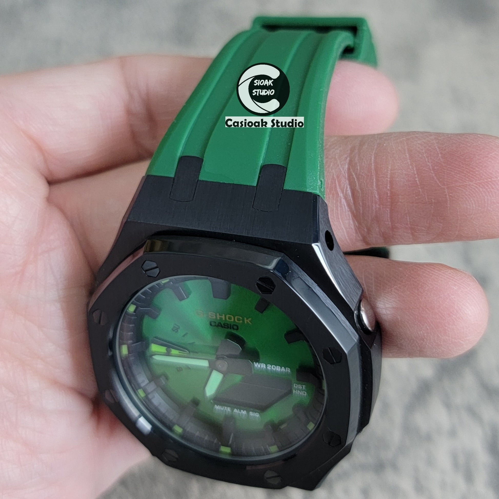 Casioak Mod Watch Black Case Green Rubber Strap Black Time Mark Green Dial 44mm - Casioak Studio