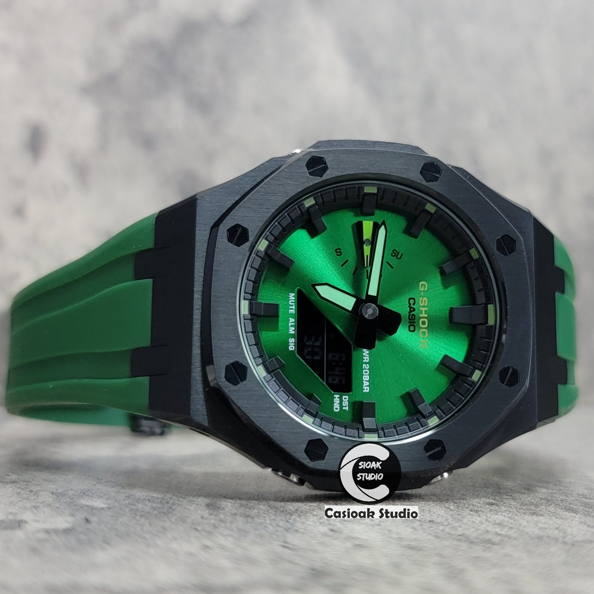 Casioak Mod Watch Black Case Green Rubber Strap Black Time Mark Green Dial 44mm - Casioak Studio