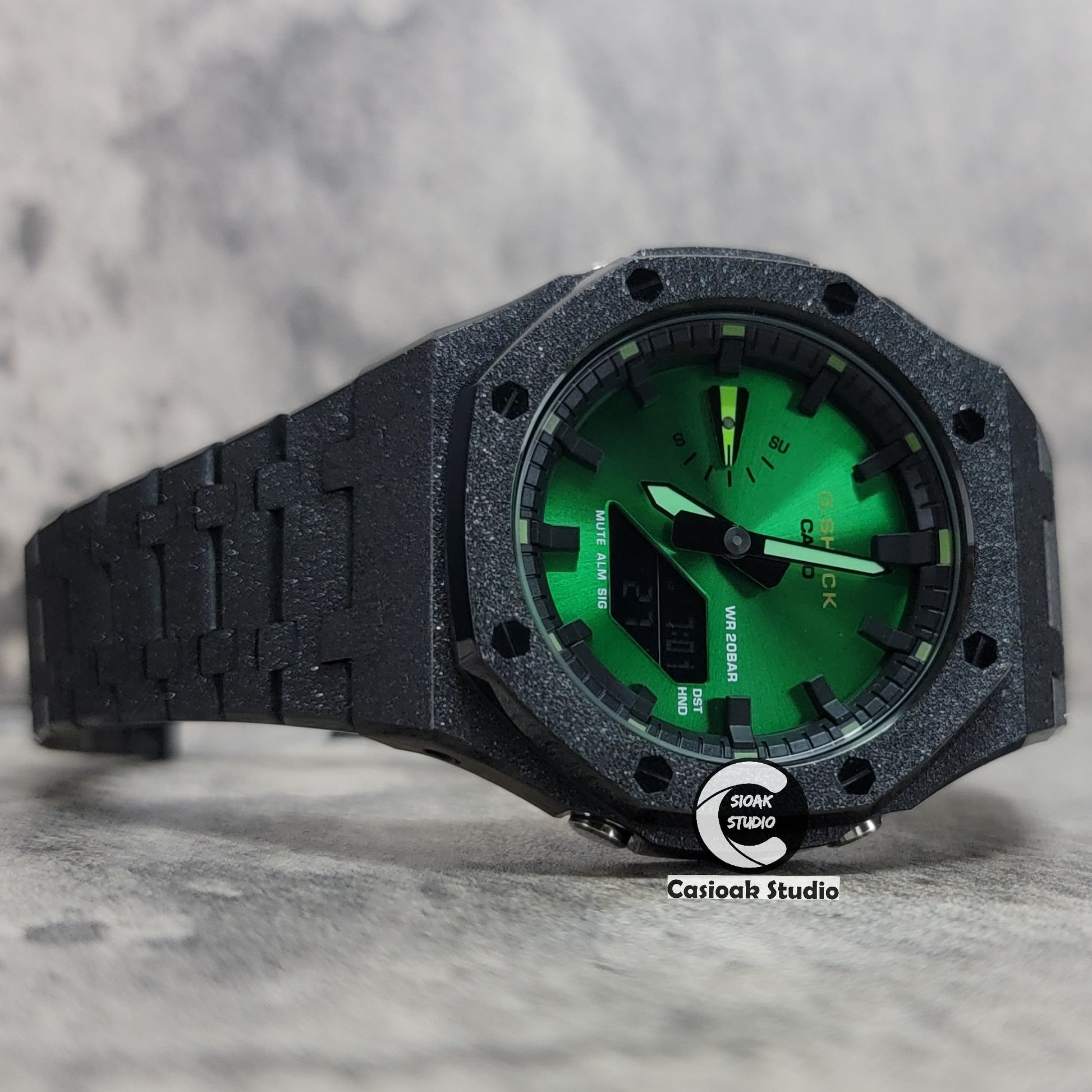 Casioak Mod Watch Frosted Black Case Metal Strap Black Time Mark Green Dial 44mm - Casioak Studio