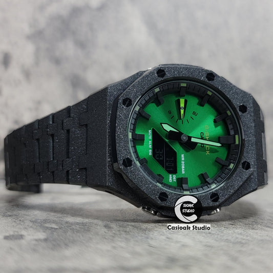 Casioak Mod Watch Frosted Black Case Metal Strap Black Time Mark Green Dial 44mm