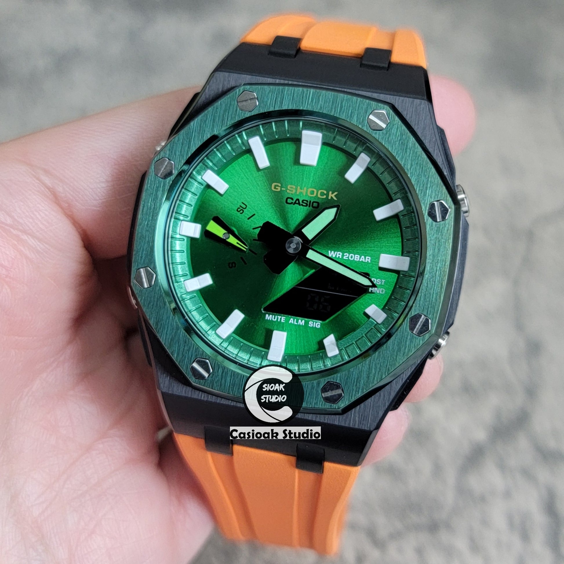 Casioak Mod Watch Offshore Superior Green Black Case Orange Rubber Strap Green White Time Mark Green Dial 44mm - Casioak Studio